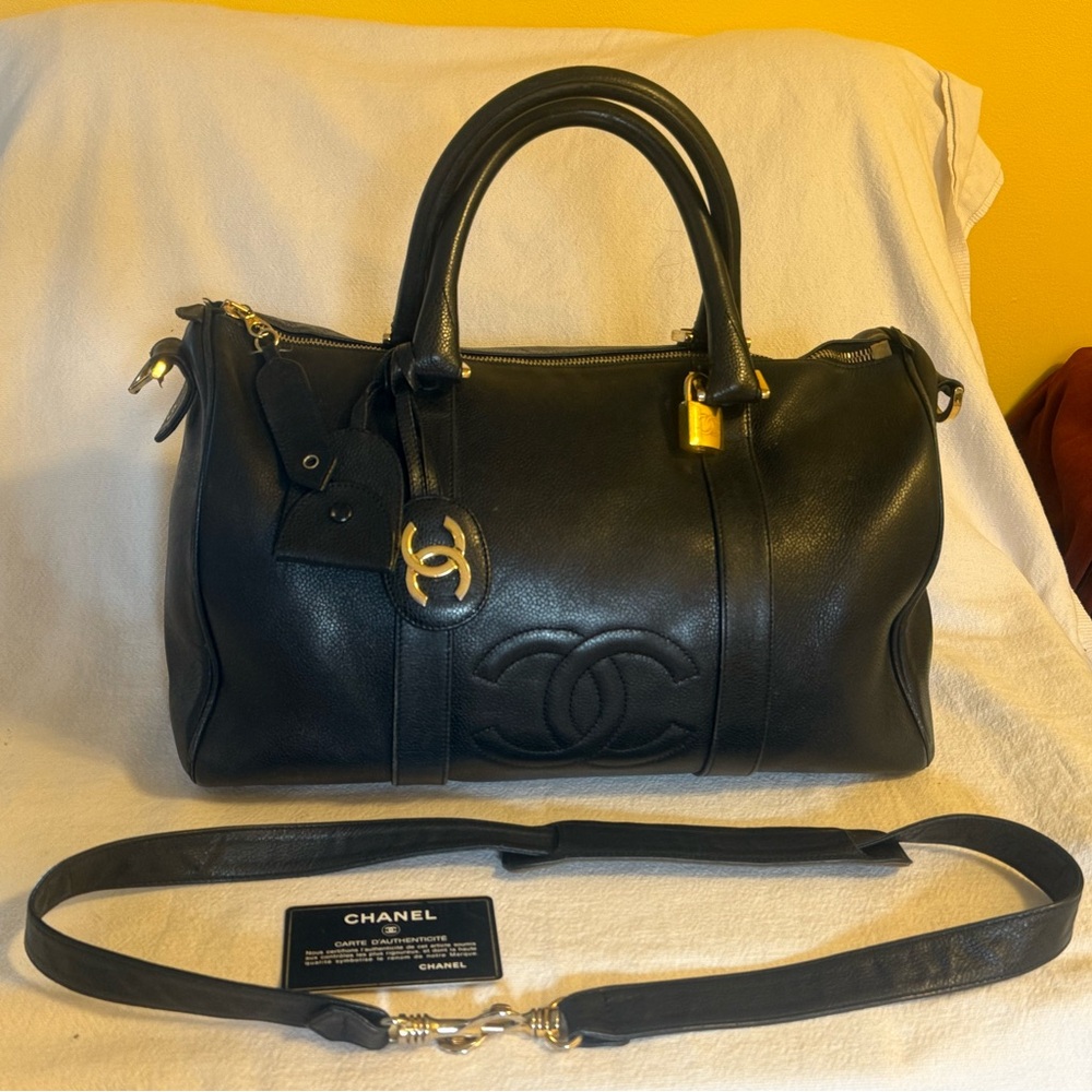 CHANEL Boston Leather Satchel with Gold Hardware and CC Charm